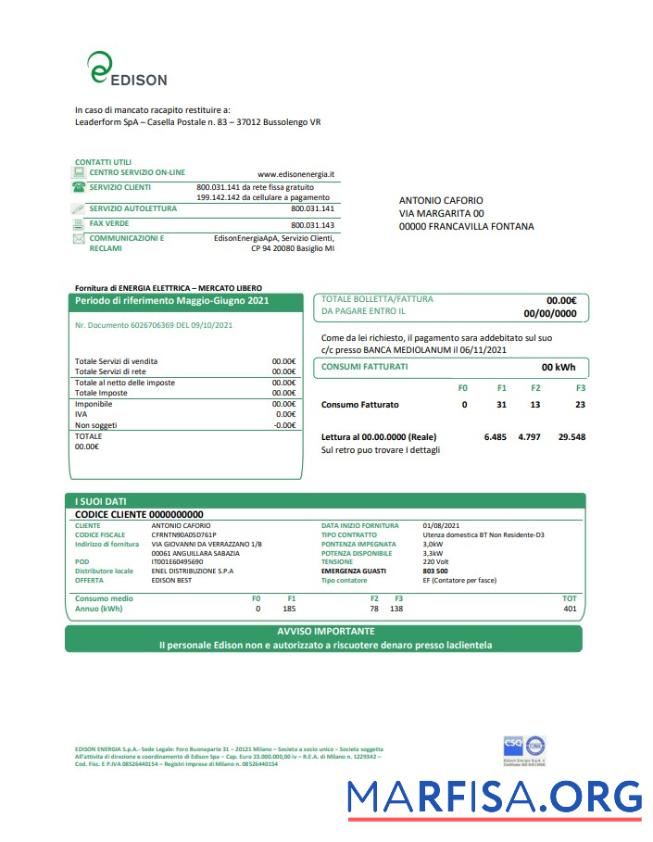 Downloadable Italy Edison utility bill template in Word and PDF format, good for address prove